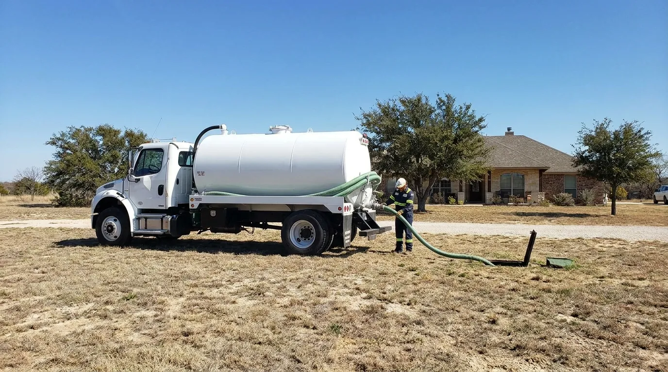 A truck performing septic tank pumping at an Amarillo-area property